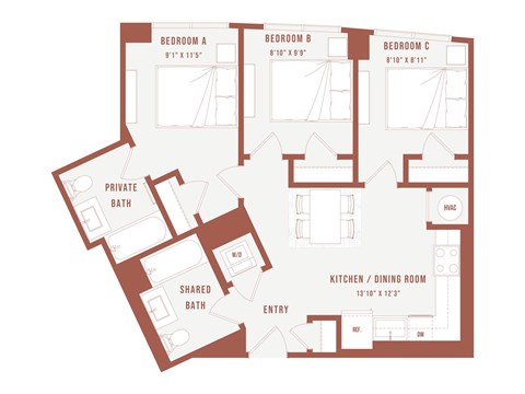 A floor plan of a house with three bedrooms, a kitchen, a dining room, a shared bath, and a private bath.